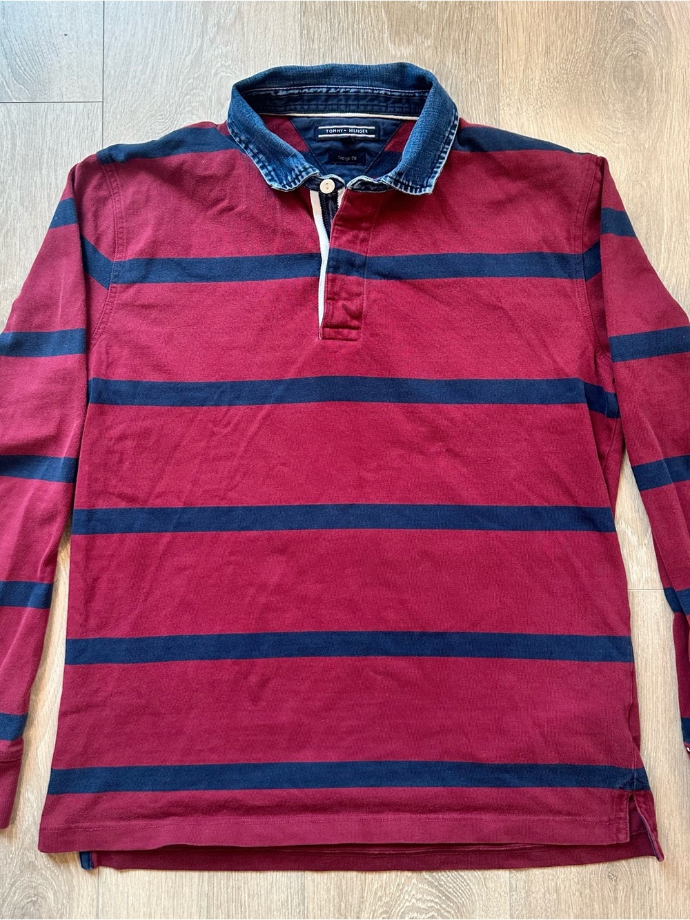 Tommy Hilfiger Maroon and Navy Striped Rugby Polo Size XL